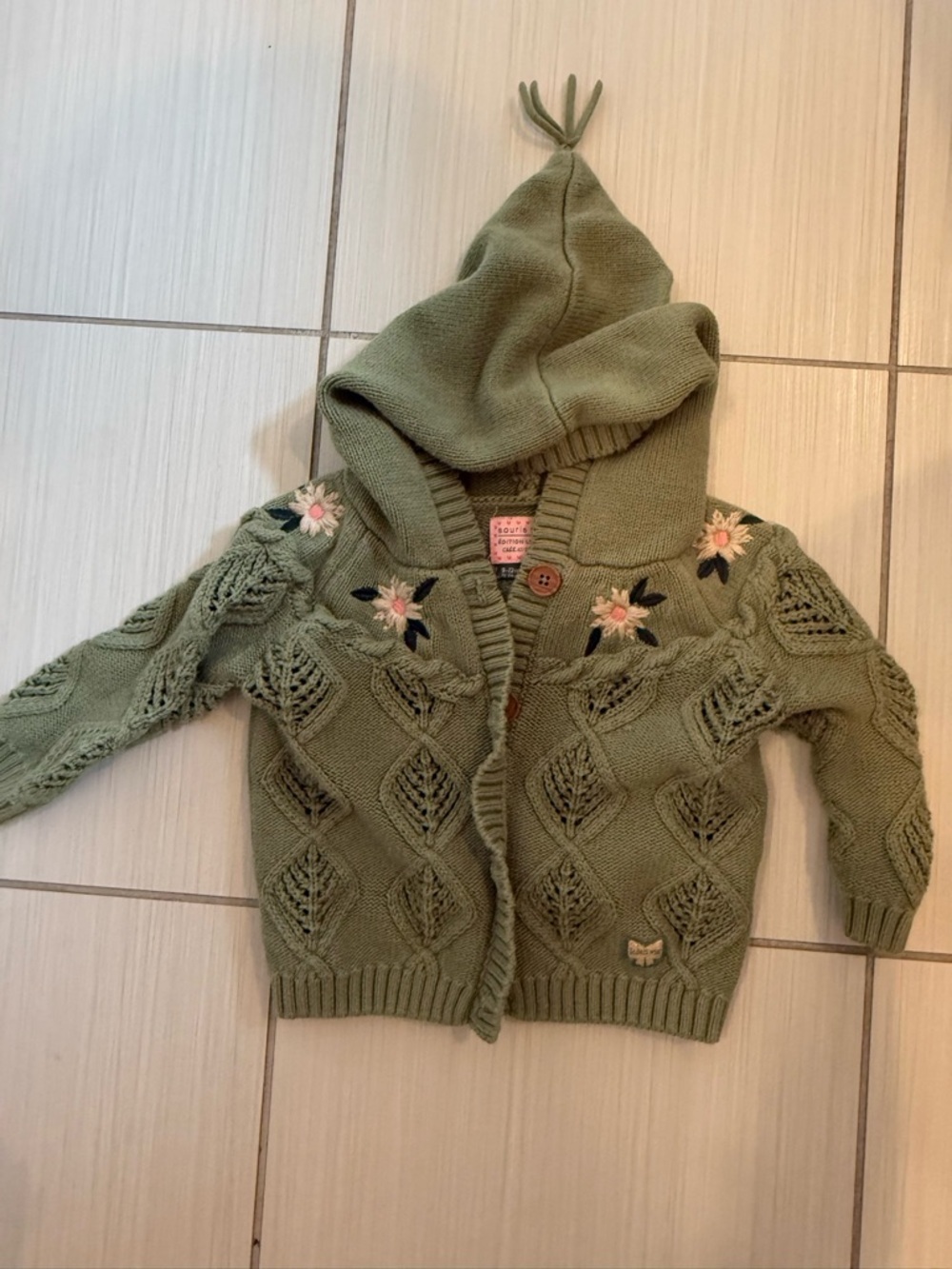 Souris Mini 9-12M Green Knit Cardigan Hoodie Embroidered Floral Sweater